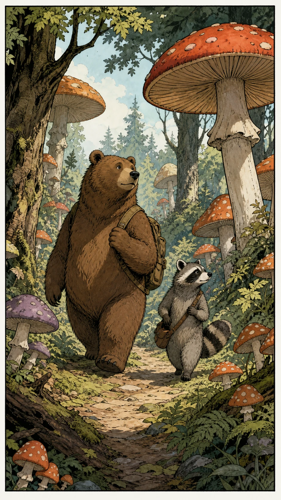 Bear and raccoon walking in a giant mushroom forest