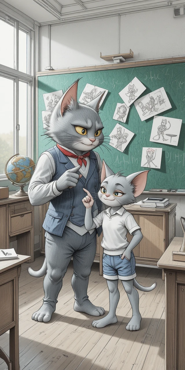 Strict professeur chat gris grondant une petite souris