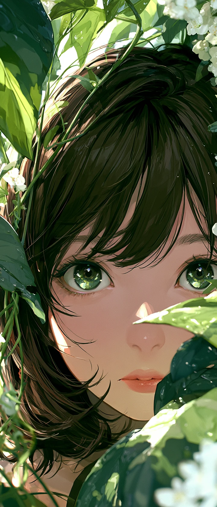 Retrato de garota de anime meio escondida entre folhas verdes exuberantes