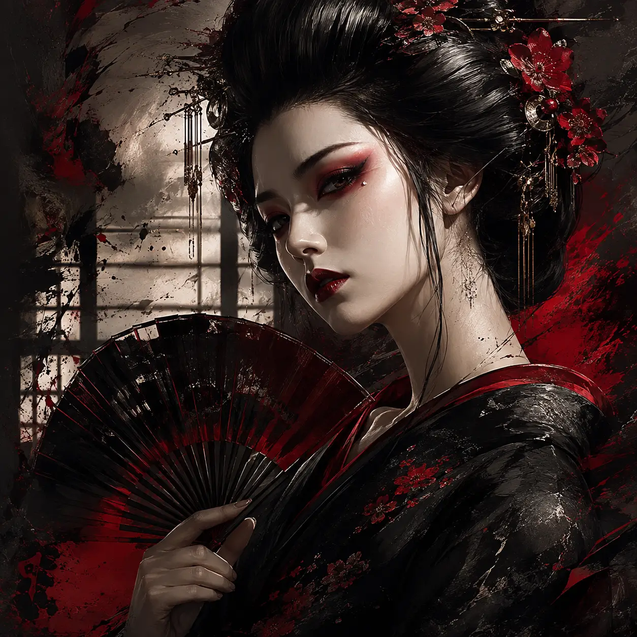 Elegant geisha inspired portrait in dramatic shadowed light