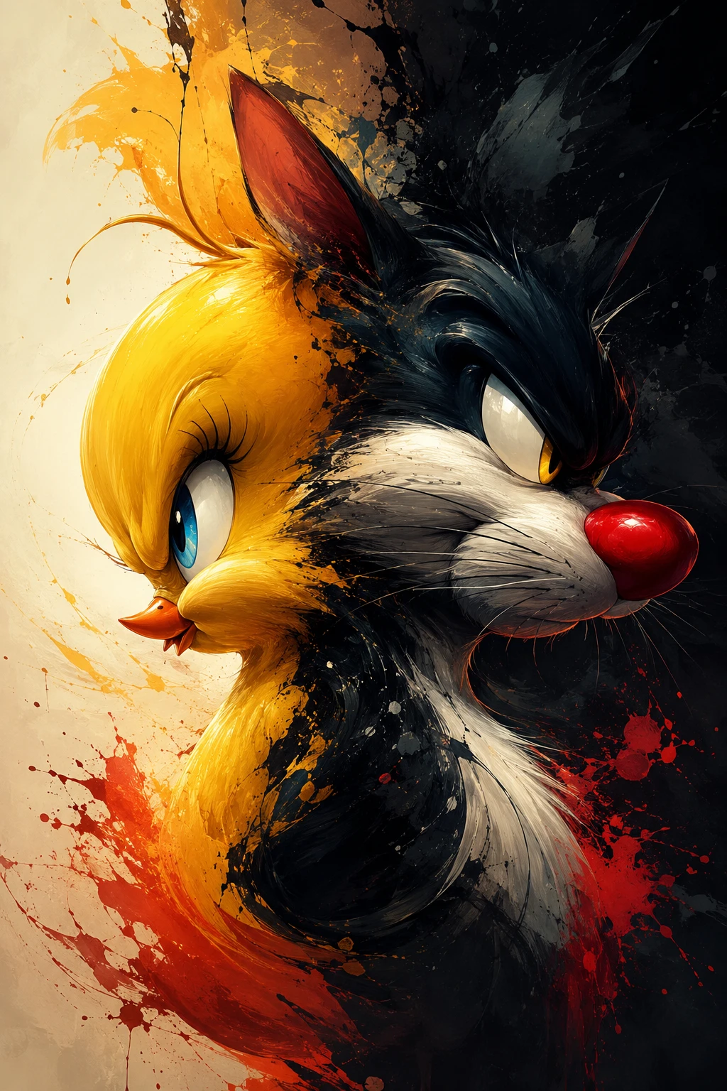 Retrato duplo mítico de pássaro e gato em cores luminosas