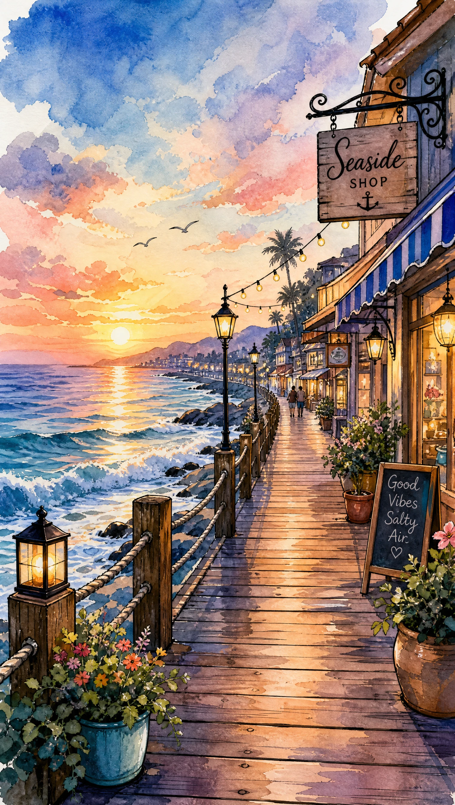 Paseo marítimo en acuarela al atardecer con olas suaves