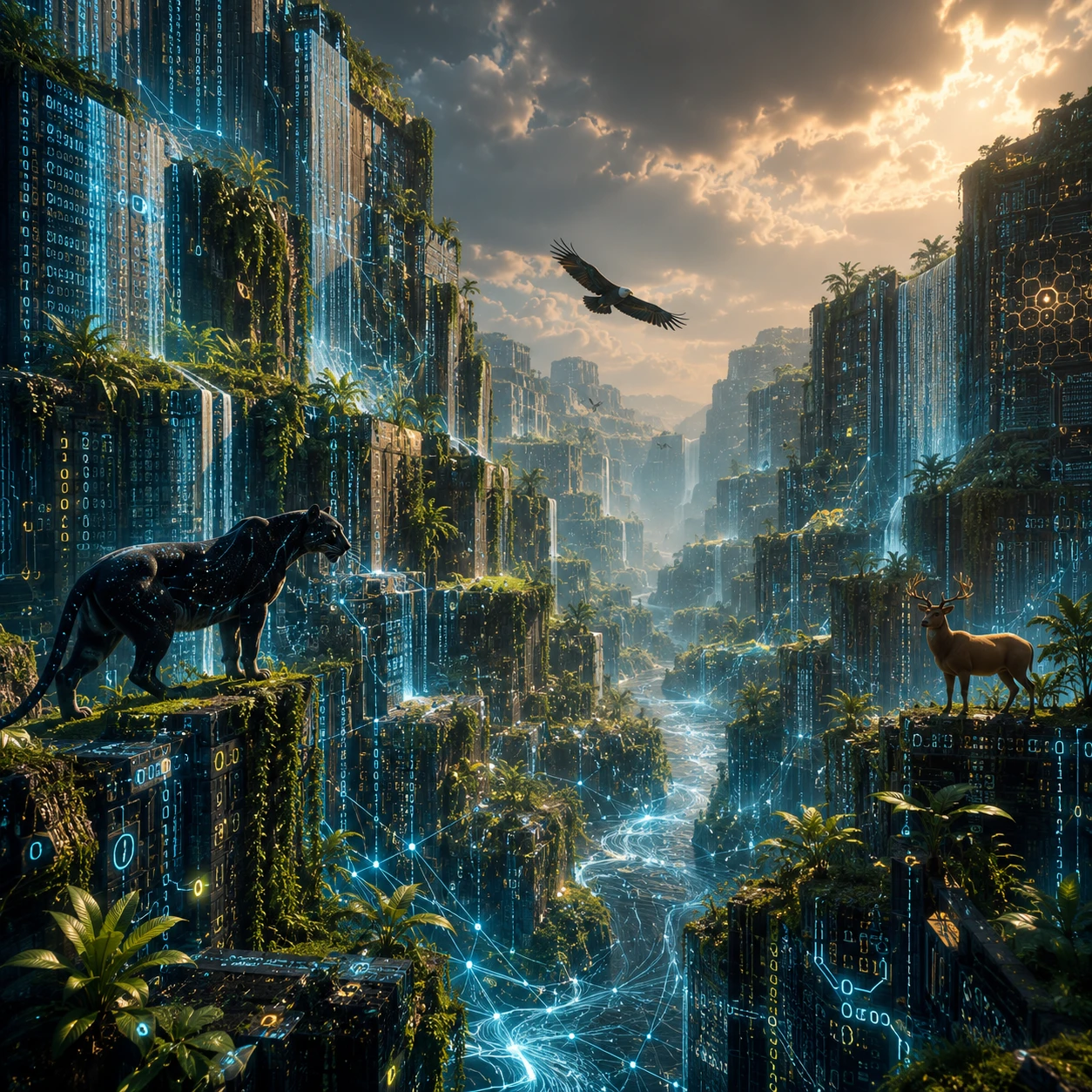 Epic digital canyon landscape of data and living vines