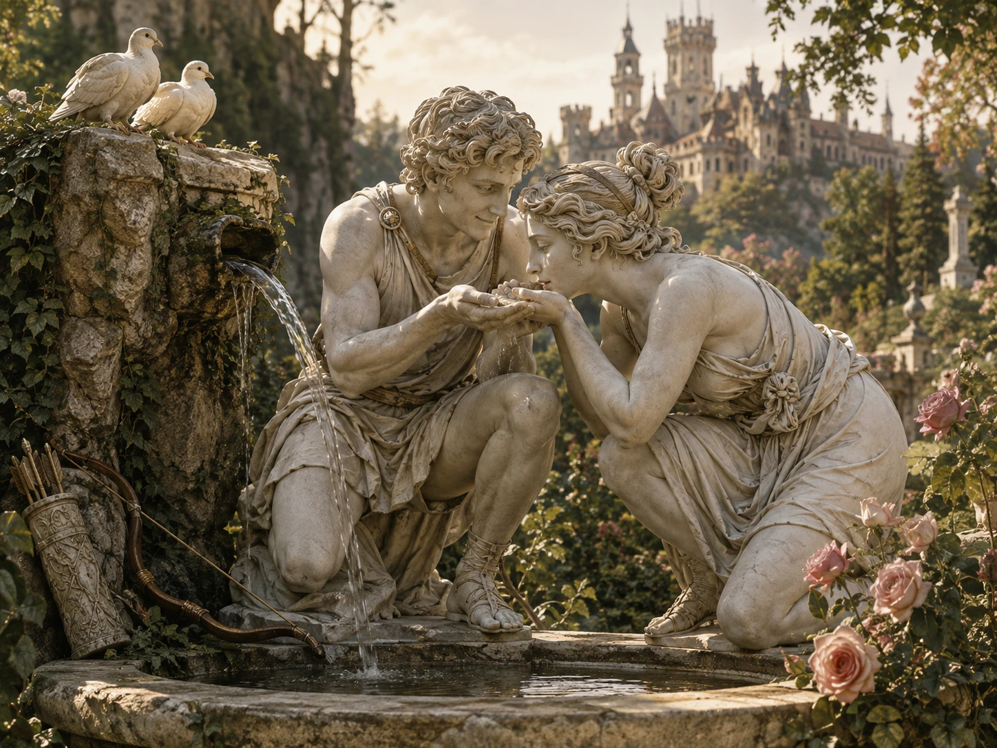 Marble lovers at a forest spring fountain in a garden