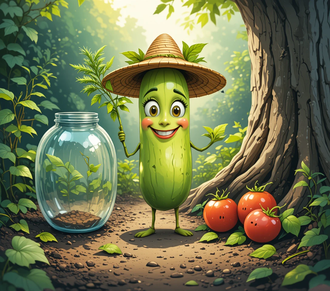 Cheerful pickle character in a whimsical garden scene