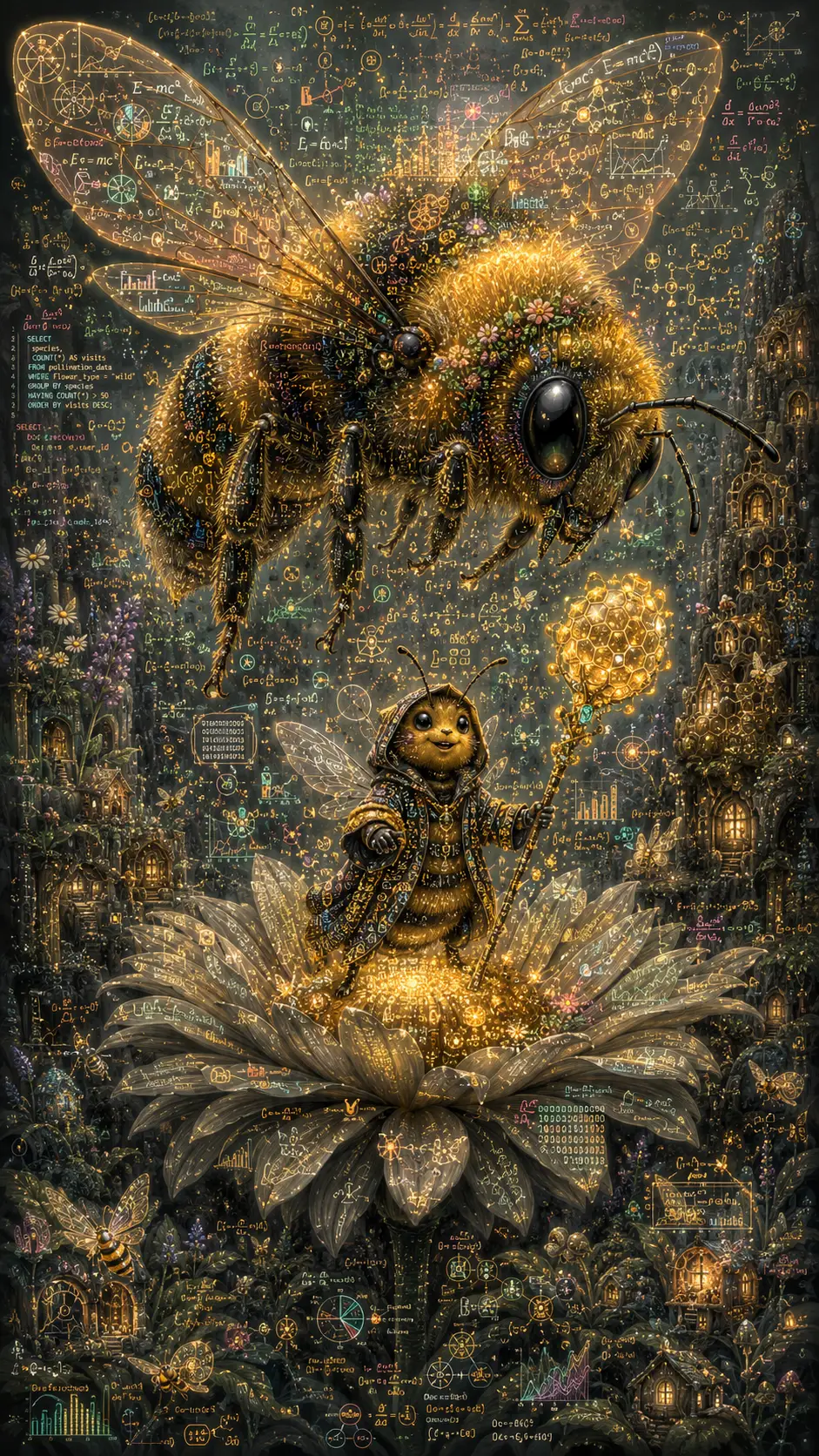 Giant bumblebee hovering over wildflower in data driven magic