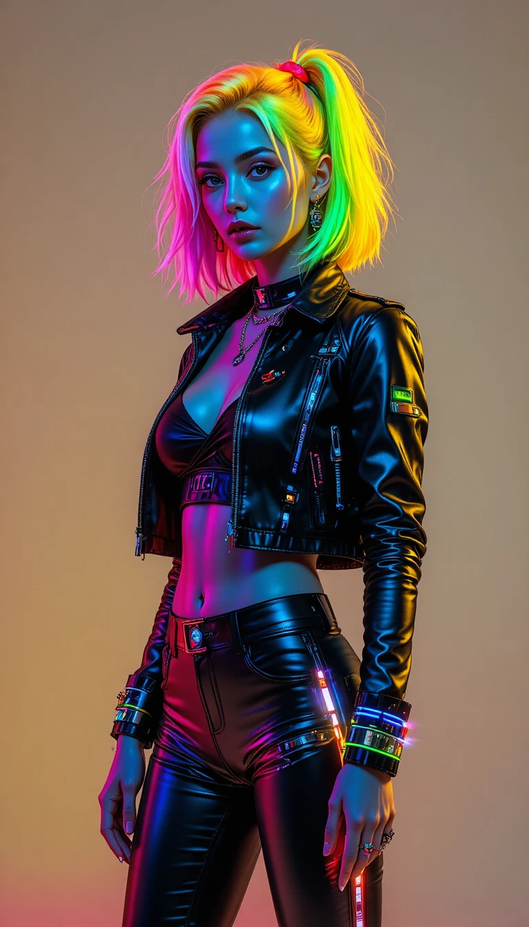 Neon haired woman in futuristic streetwear full body portrait
