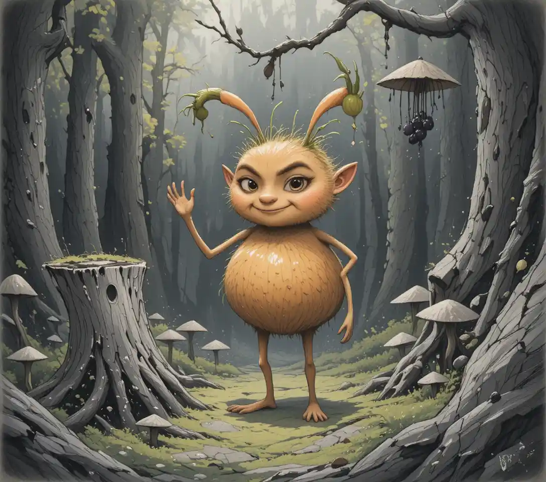Giocosa creatura arancione del bosco in una foresta incantata