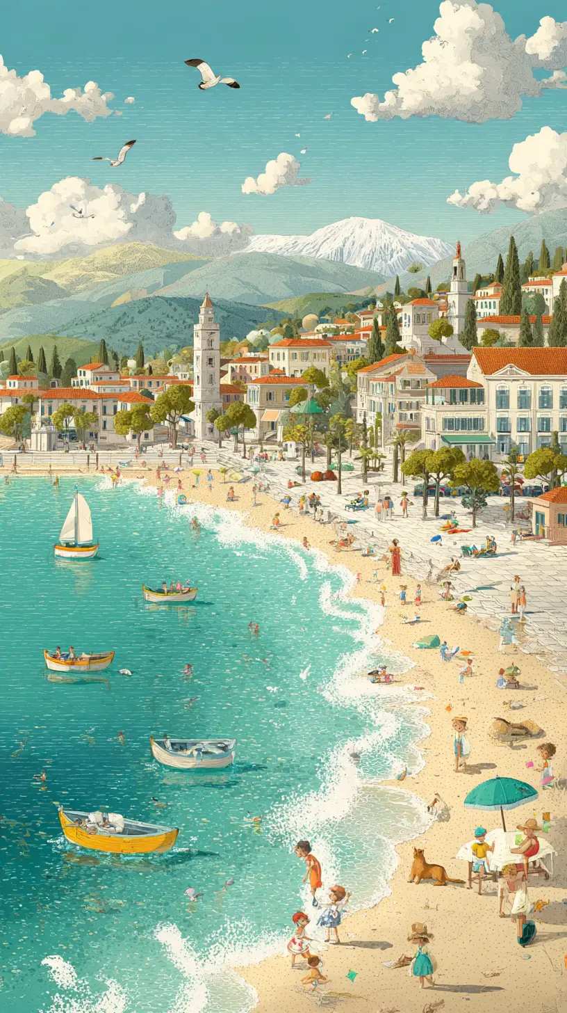 Vintage illustration of a sunny Mediterranean beach town