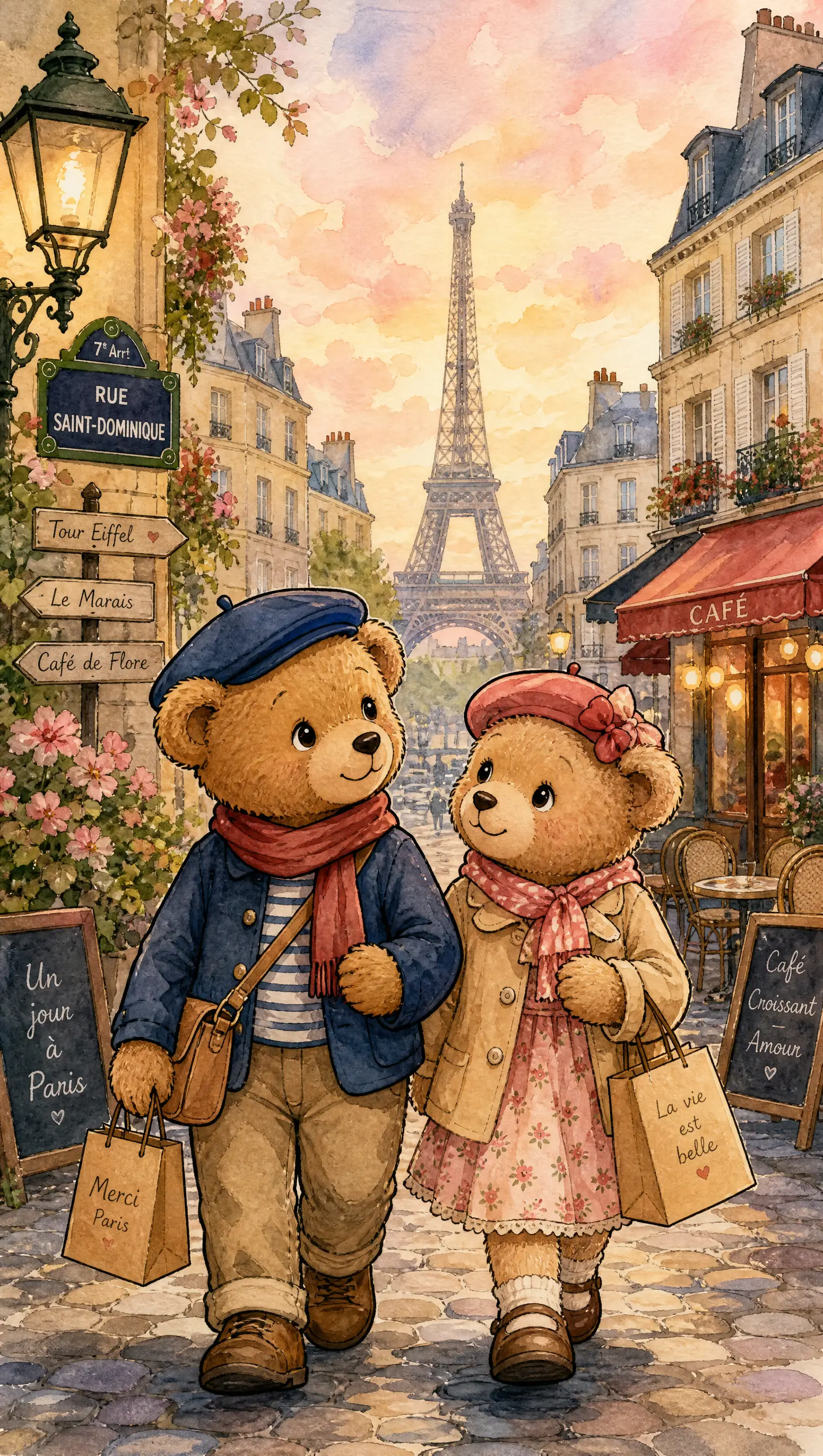 Dos ositos de peluche caminando por una acogedora calle de París