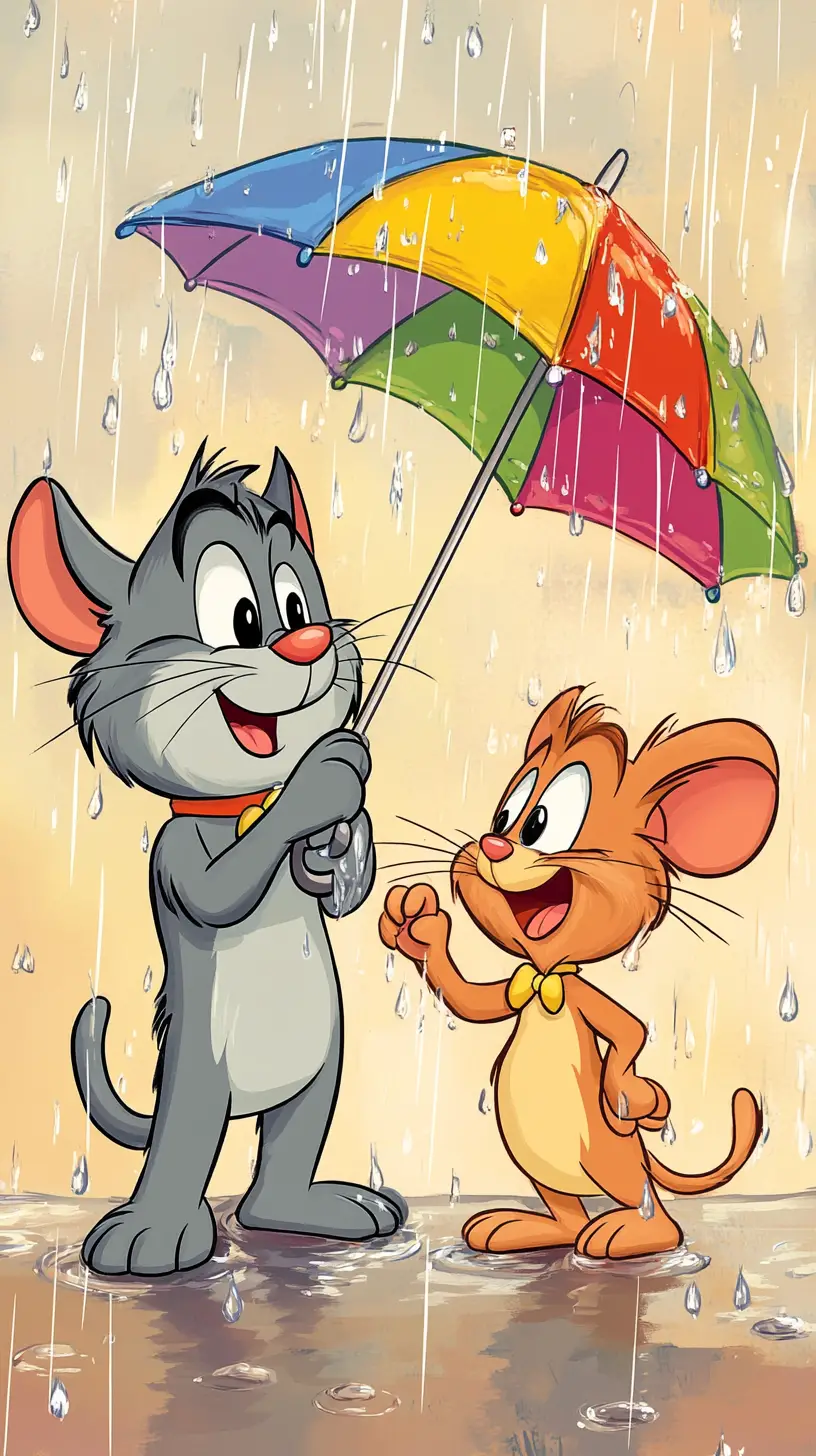 雨中共撐雨傘的開朗卡通貓與老鼠