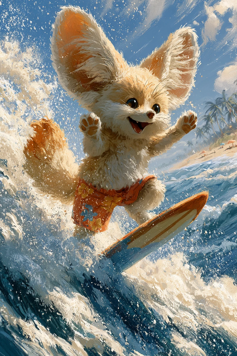 Adorável raposa‑feneco surfando uma onda em uma praia ensolarada