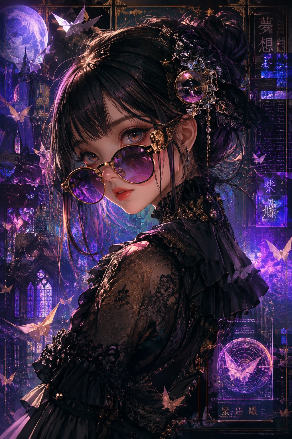 Garota em estilo cartoon com óculos retrô futuristas em retrato neon