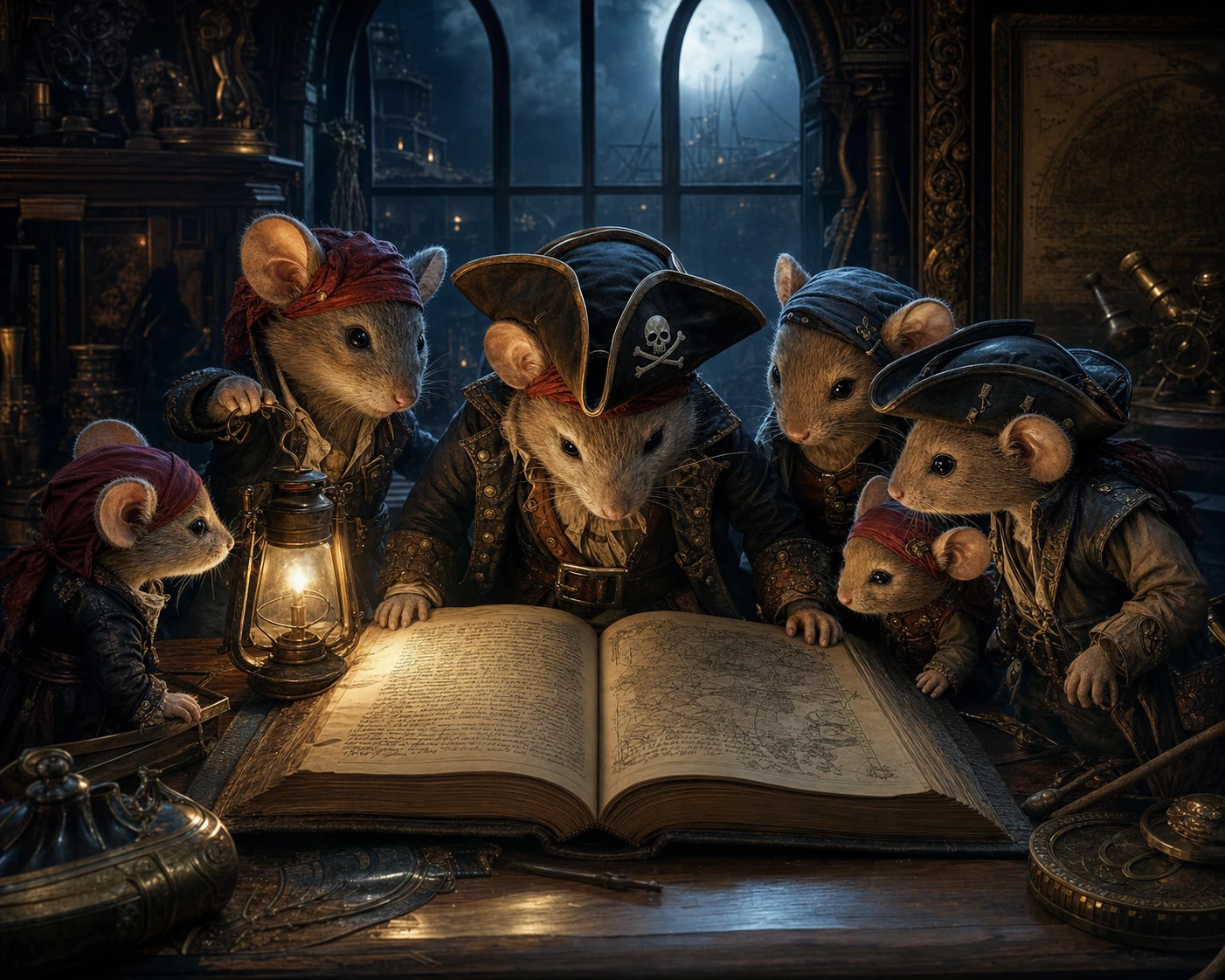 Ratos piratas reunidos em volta de um livro antigo à noite