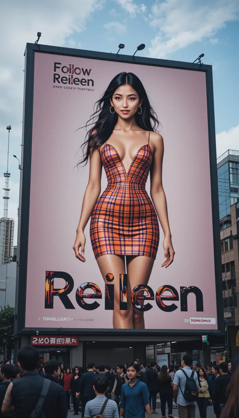 Huge city billboard with stylish Asian model in plaid dress