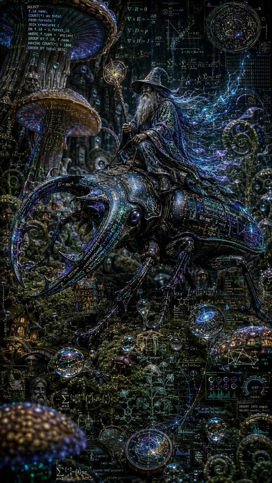 Mago montando um besouro colossal na floresta de dados brilhante