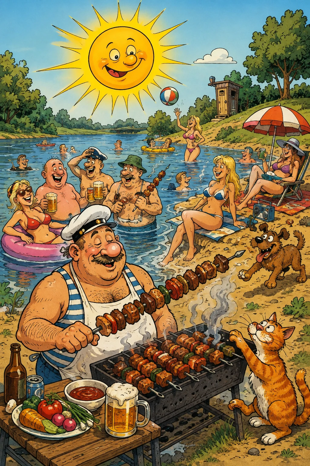 Playful cartoon barbecue by a sunny lakeside gathering