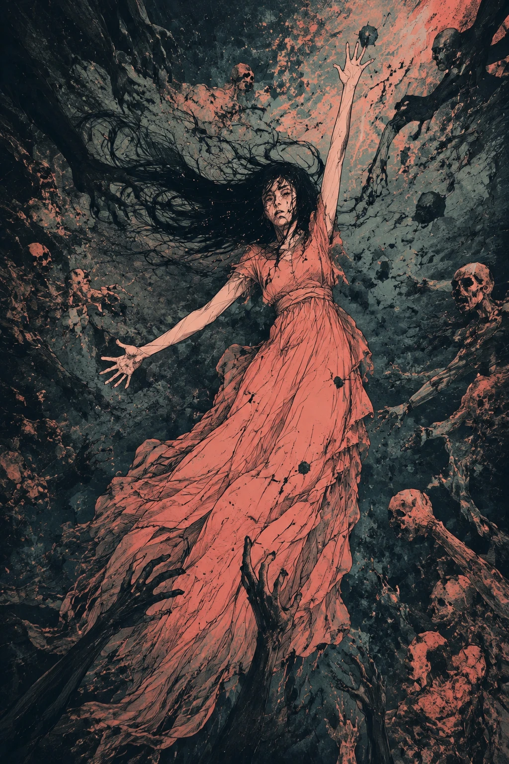 Mulher caindo em um vazio surreal escuro com sombras que a agarram