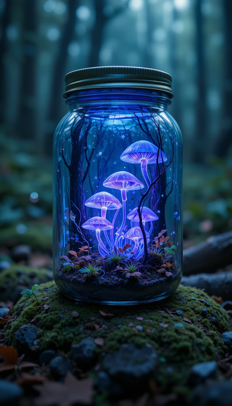 Forêt Bioluminescente dans un Bocal en Verre sur Roche Mousseuse