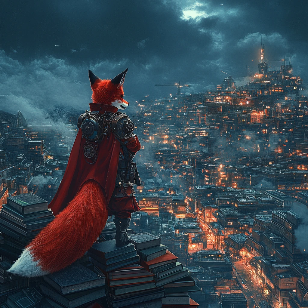 Renard steampunk blindé dominant une ville de livres titanesque