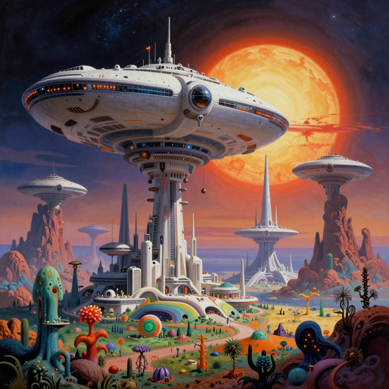 Retro science fiction megastructure above a surreal alien world