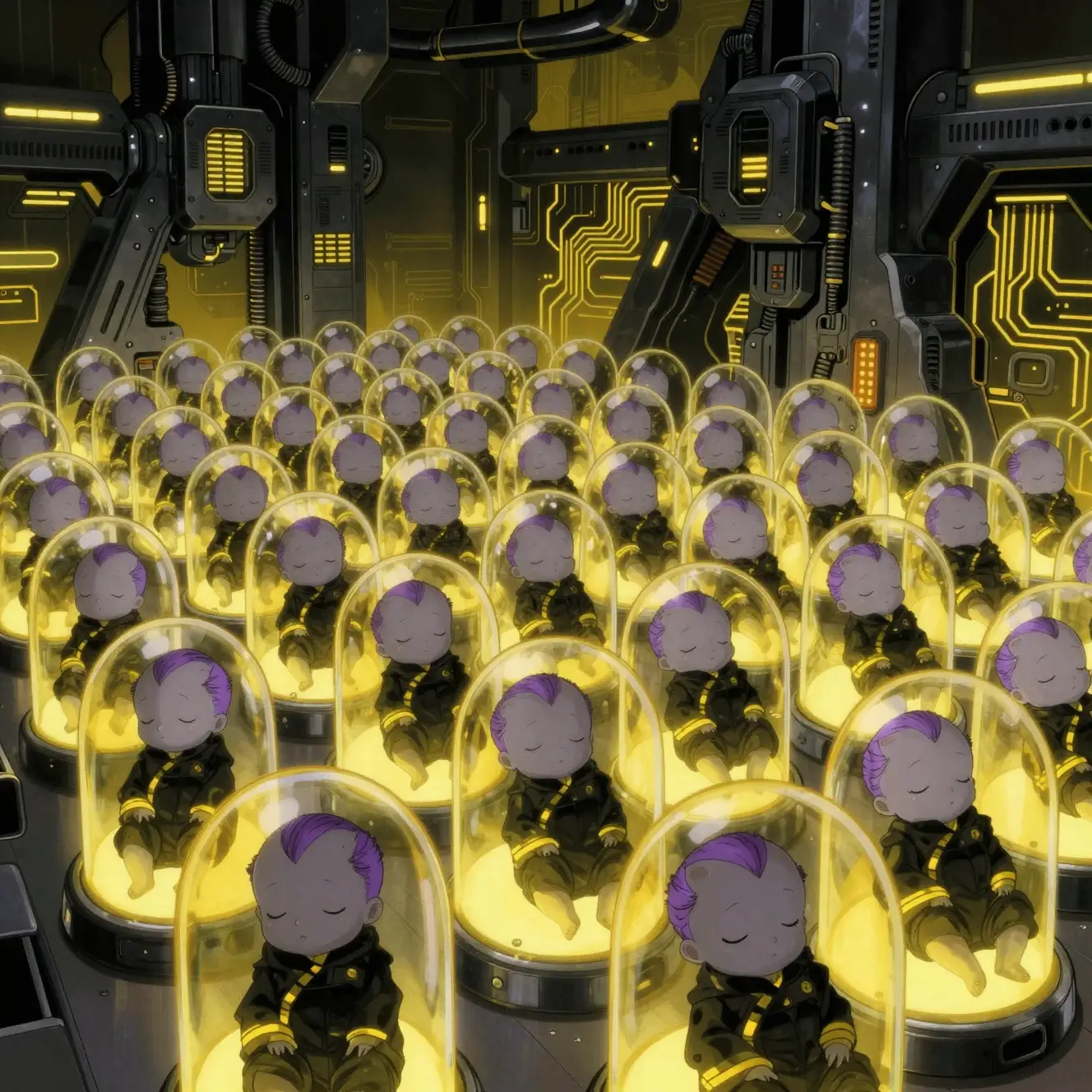 Futuristische Kammer mit schlafenden grauen Babys in Neon-Zellen