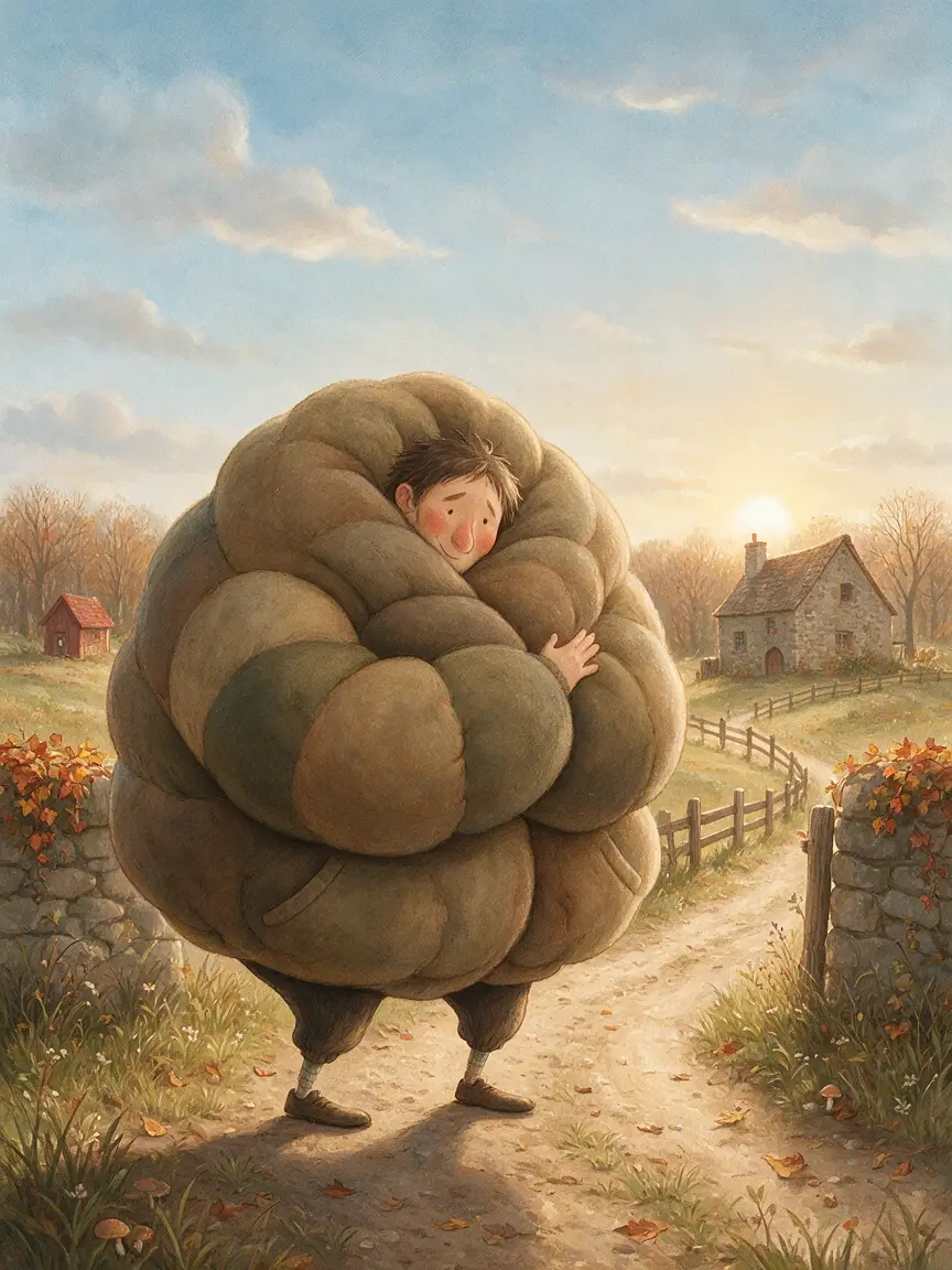 Small man in oversized coat with soft comforting warmth