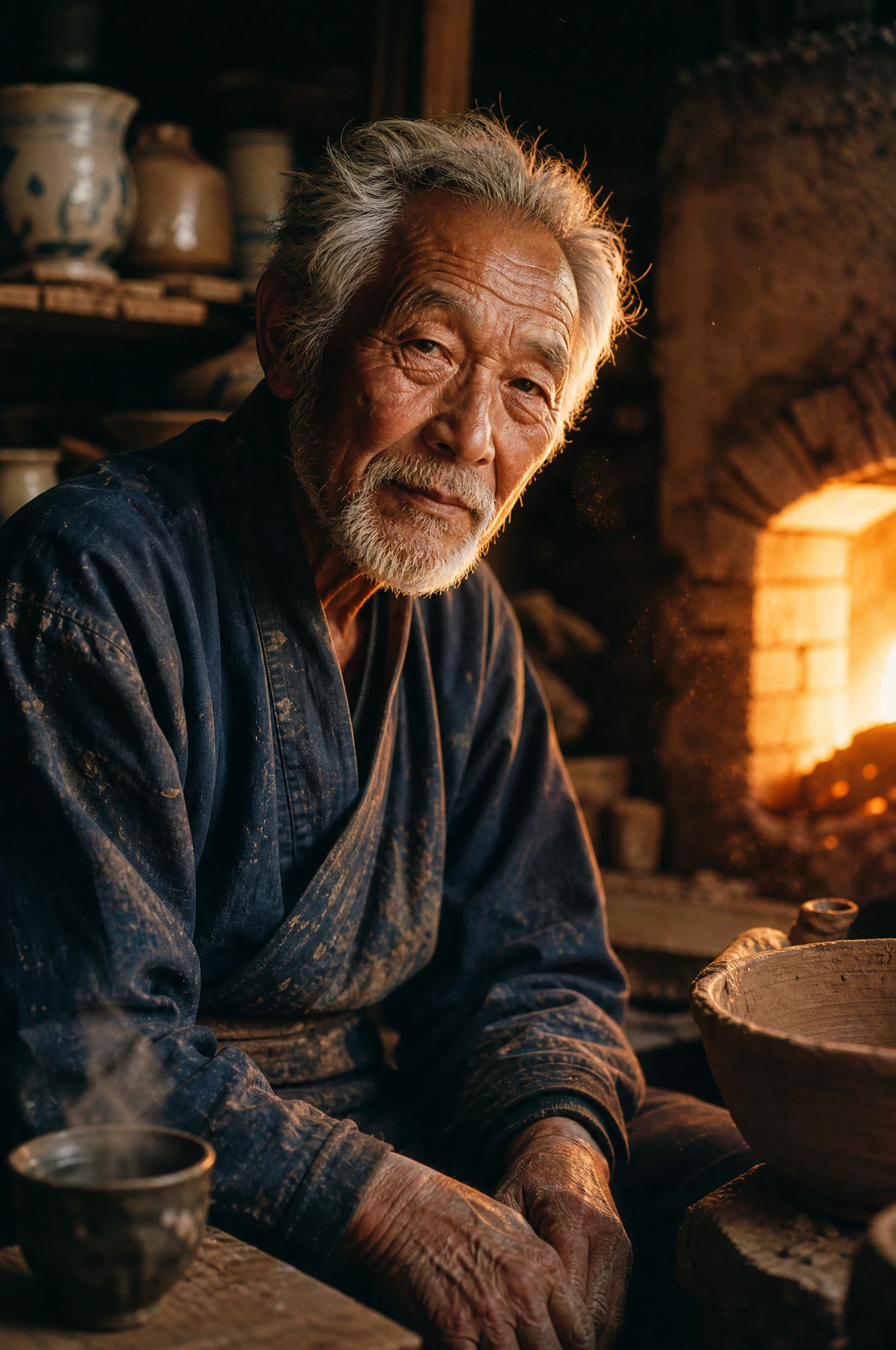Oleiro japonês idoso iluminado pelo brilho do forno no estúdio