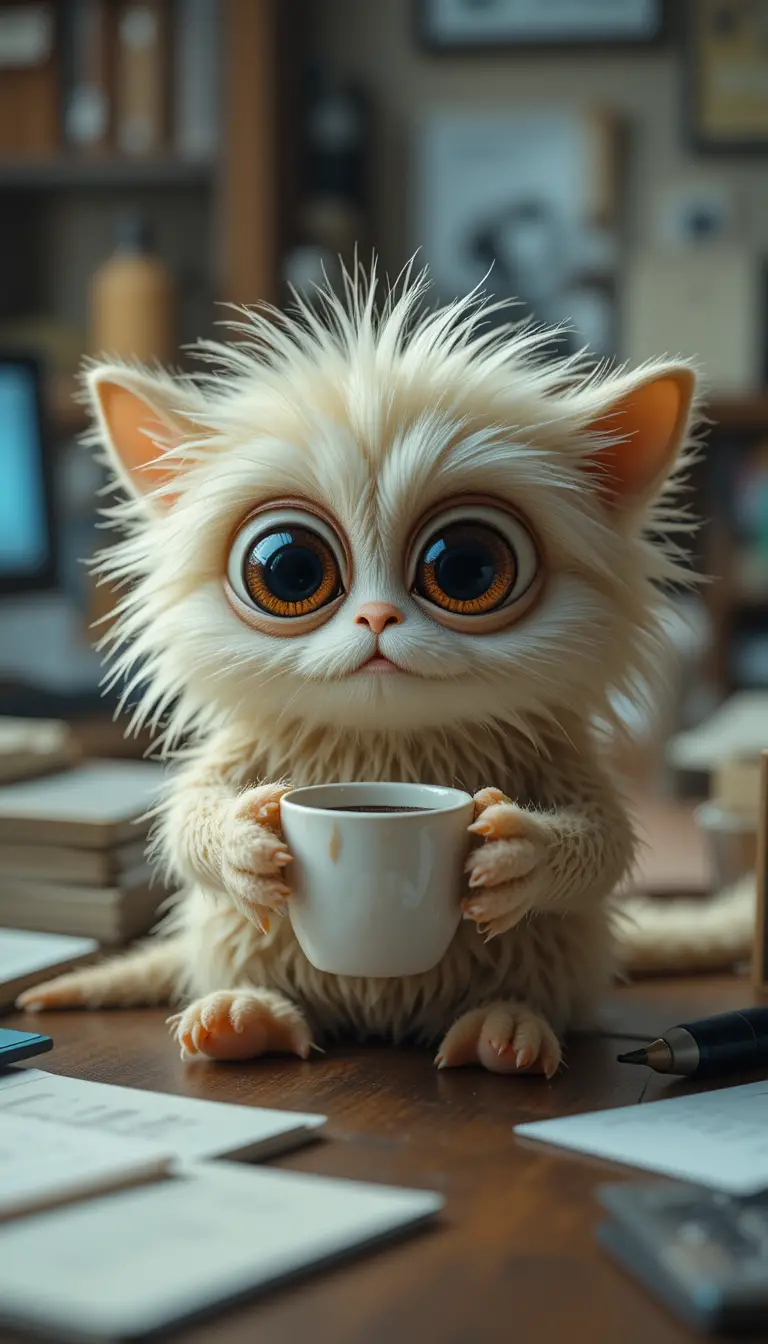 小小毛茸茸怪物在桌上捧著一杯迷你咖啡