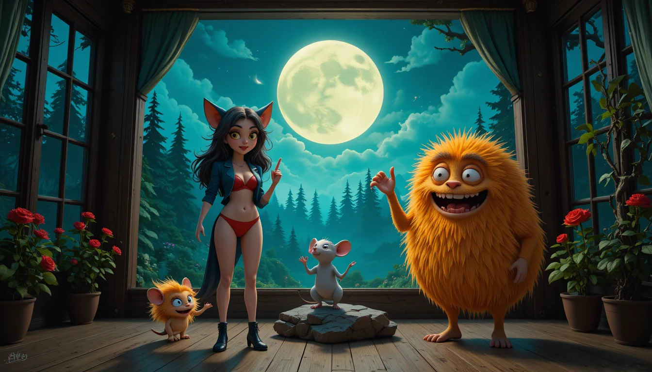 Femme-chat et créatures fantastiques dans une chambre de forêt au clair de lune