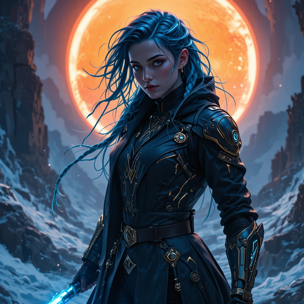 Guerreira cyberpunk com tranças brilhantes e katana de plasma