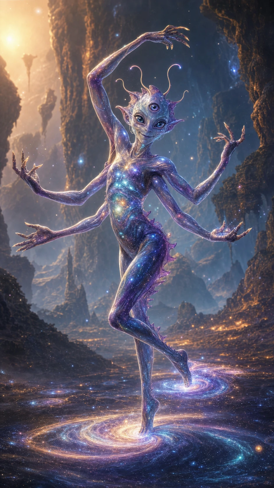 Alien brincalhão com olhos em espiral em uma cena de fantasia cósmica