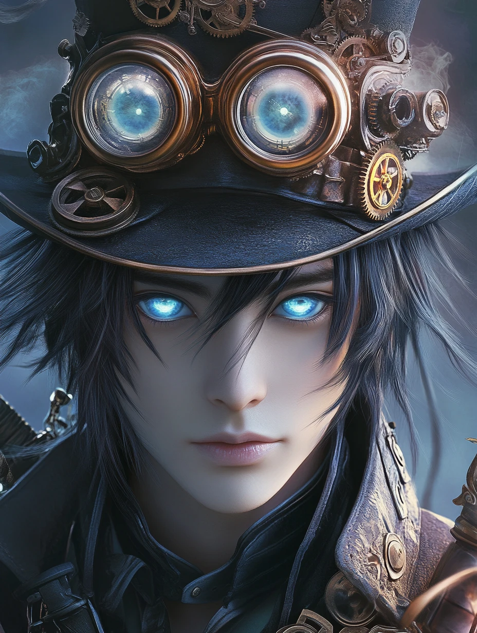 Retrato de samurai steampunk com olhos azuis de anime brilhantes
