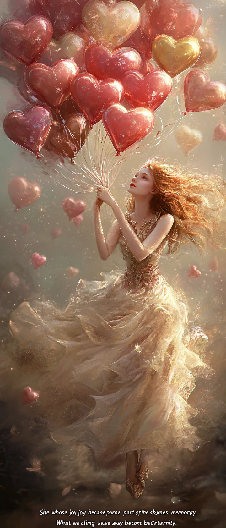 Femme fantastique joyeuse avec des ballons sous un ciel lumineux