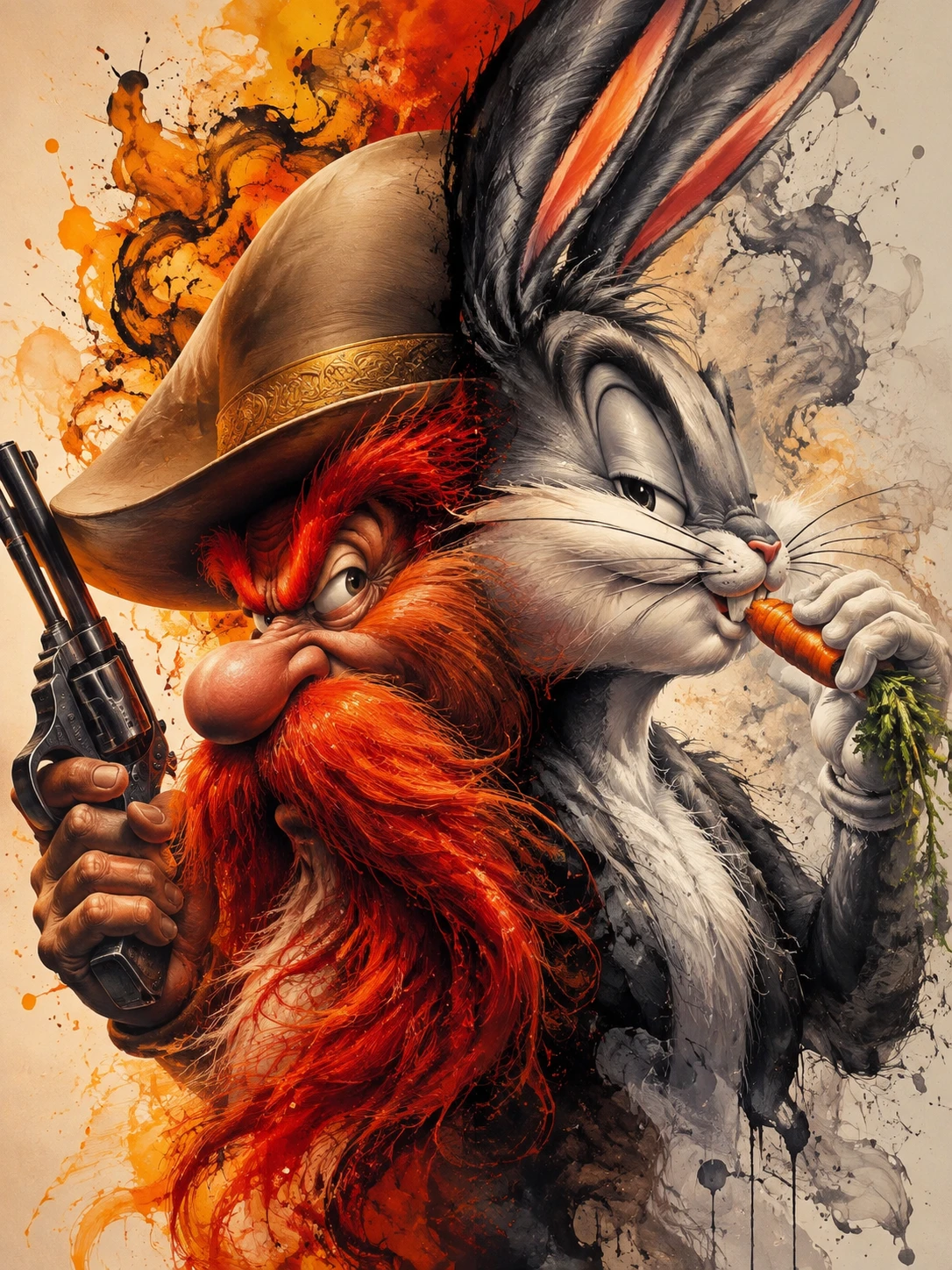 Mythic dual cartoon portrait in dramatic digital painting