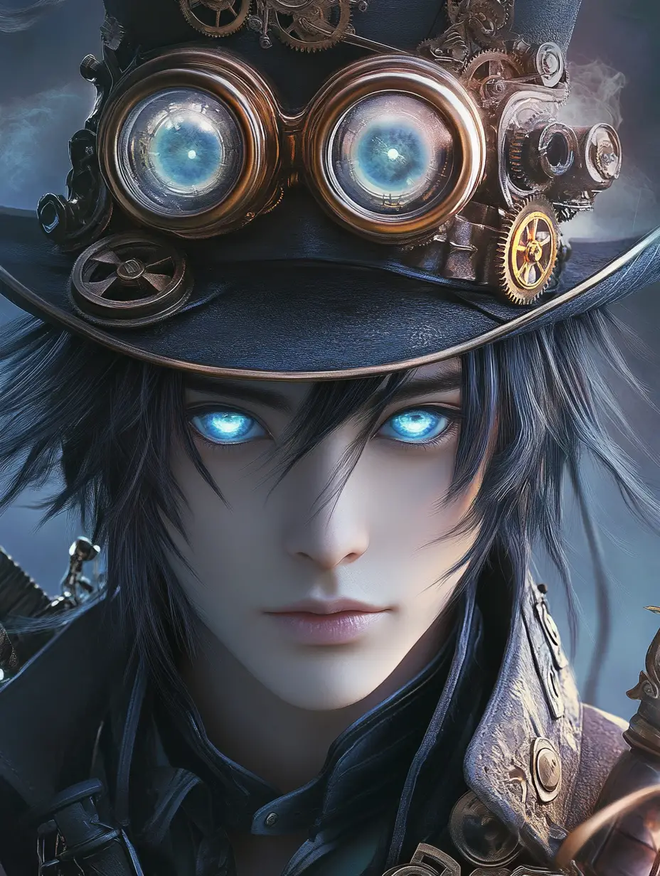 Portrait de samouraï steampunk aux yeux d’anime bleus et lumineux