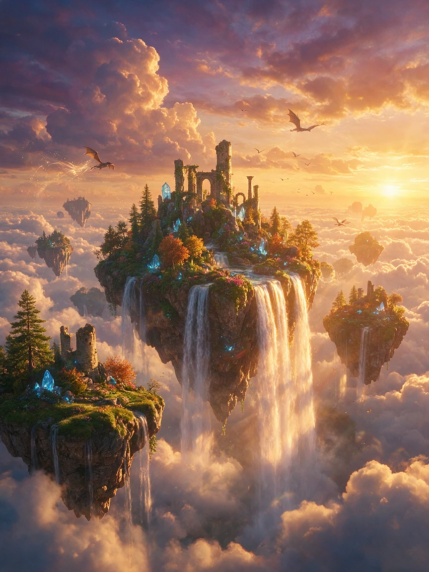 Isole fluttuanti sopra nuvole di tramonto luminose