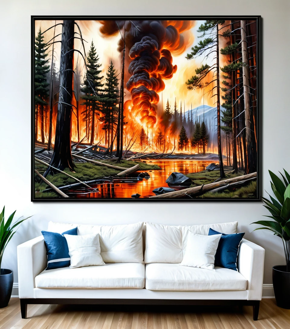 Floresta em chamas em Montana em uma dramática pintura de paisagem montanhosa