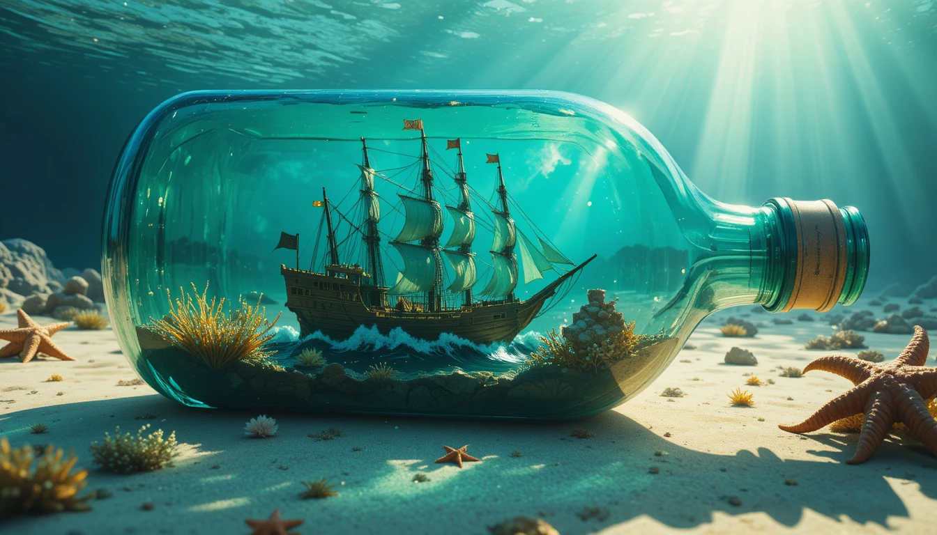 Naufrágio surreal em uma garrafa de vidro no fundo do oceano