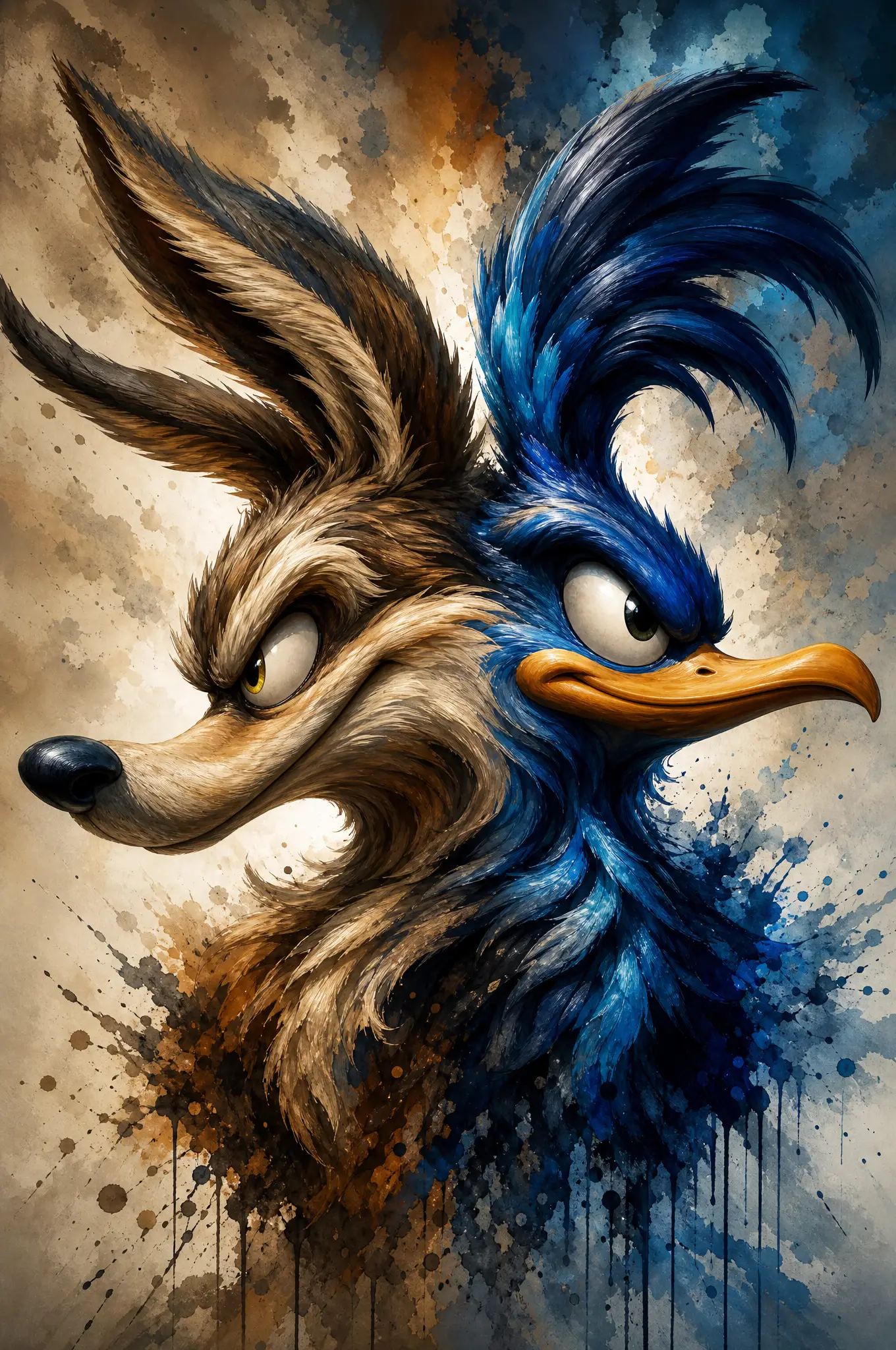 Mythic portrait of dual cartoon animals in glowing color