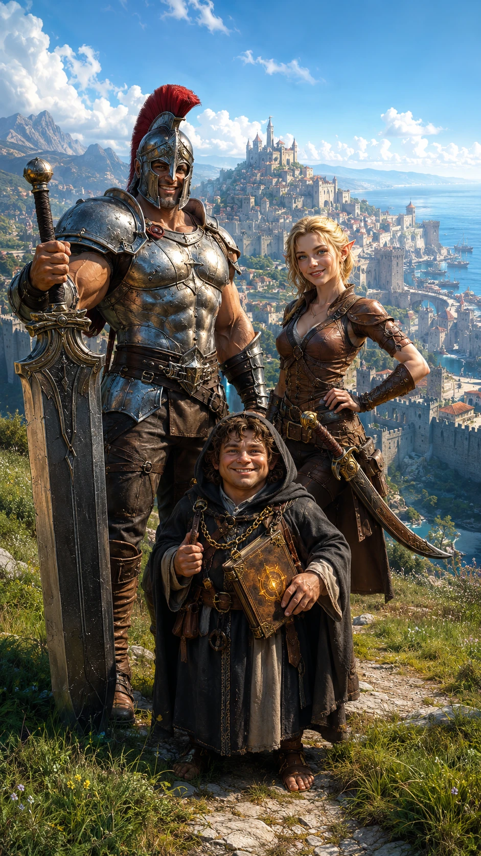 Fantasy-Helden überblicken eine befestigte Küstenstadt