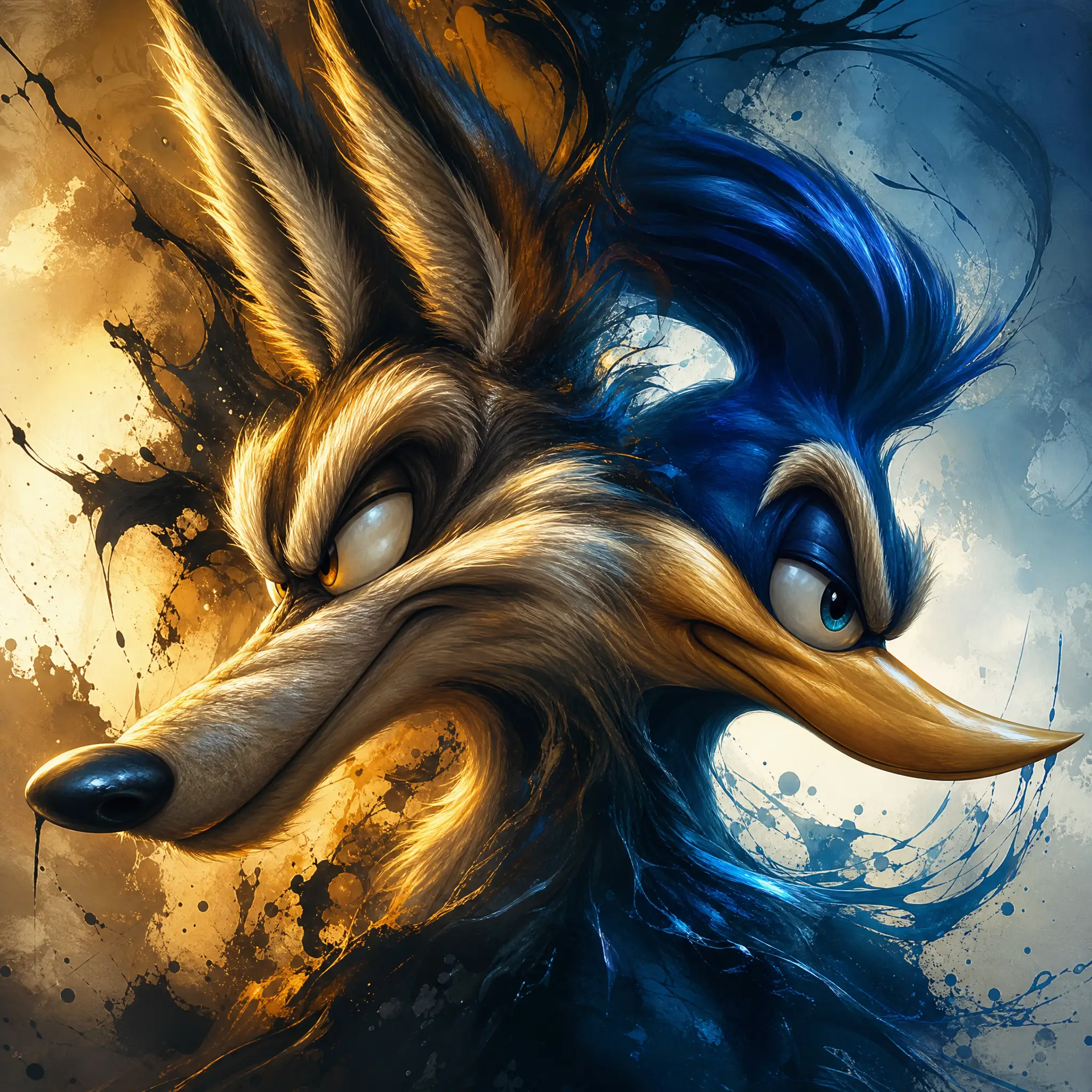 Dual cartoon predator and bird in mythic digital portrait