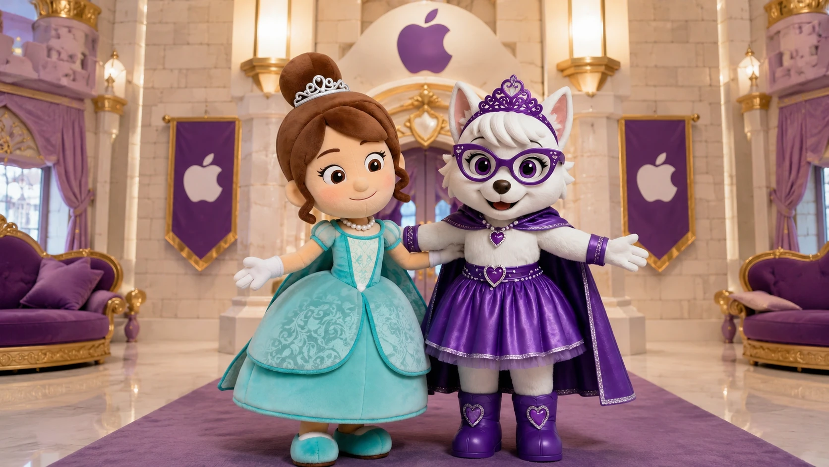 Two mascot princesses standing in front of a fantasy castle