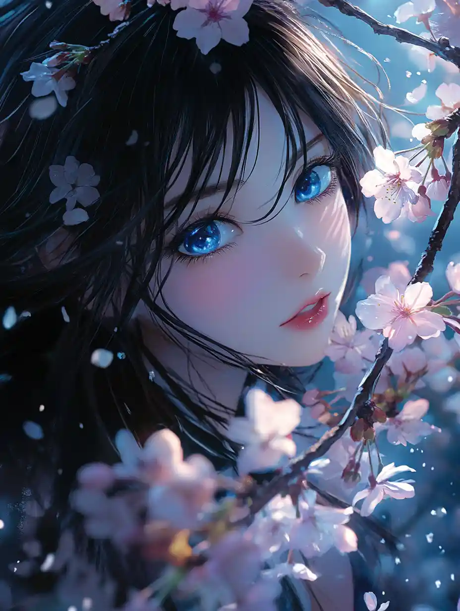 Ragazza anime con fiori di ciliegio in un drammatico ritratto fantasy