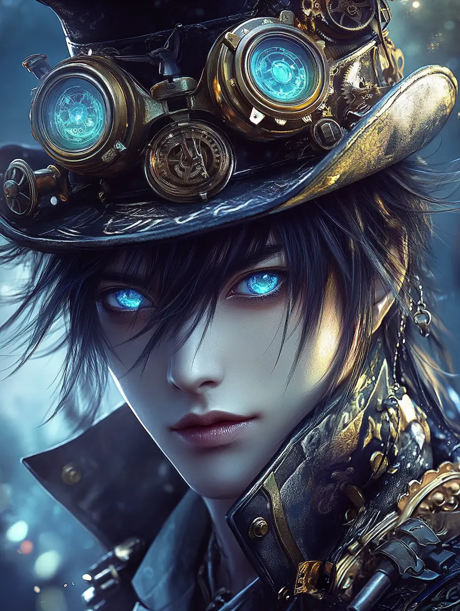 Portrait d’un samouraï steampunk aux yeux bleus lumineux