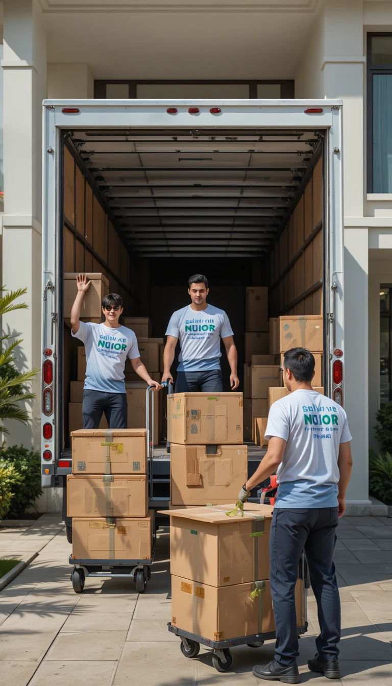 Professional movers loading furniture into white house shifting truck