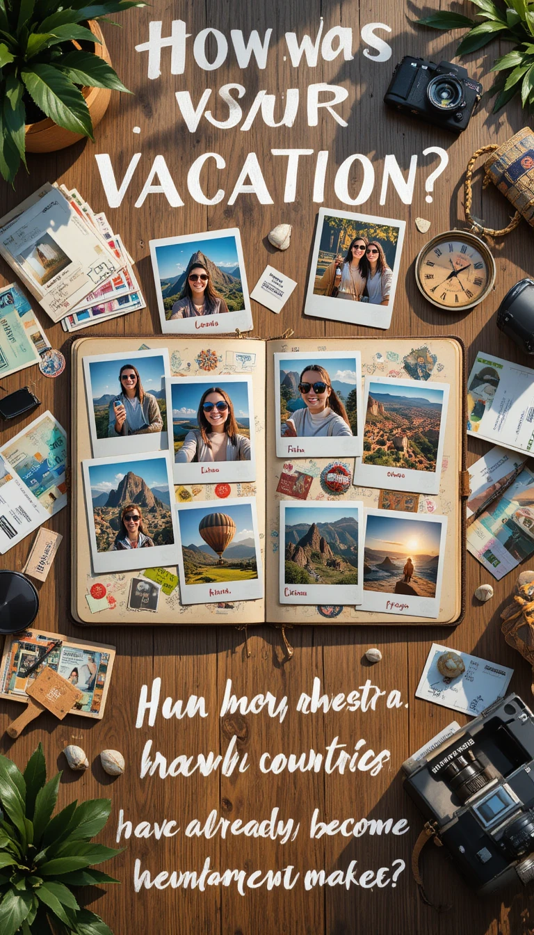 Open passport flat lay with travel photos and tickets