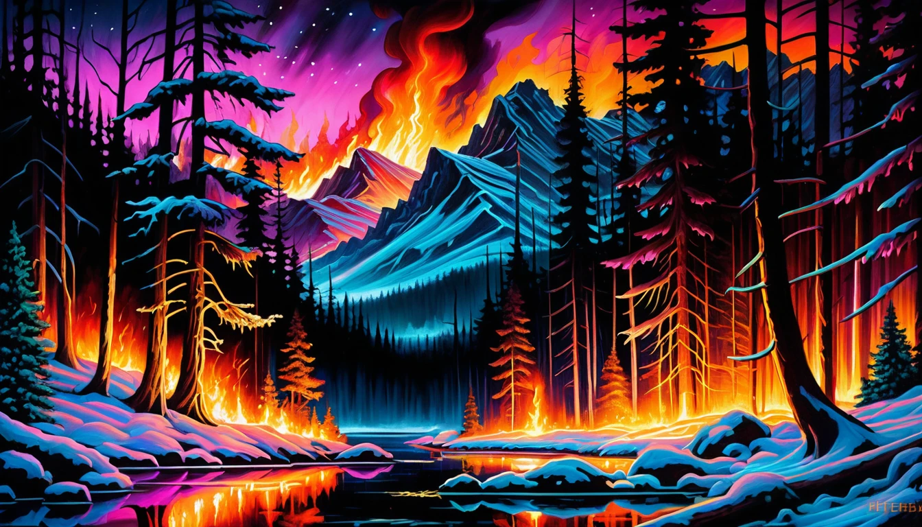Paesaggio di foresta in fiamme dark fantasy nel nord-ovest del Montana