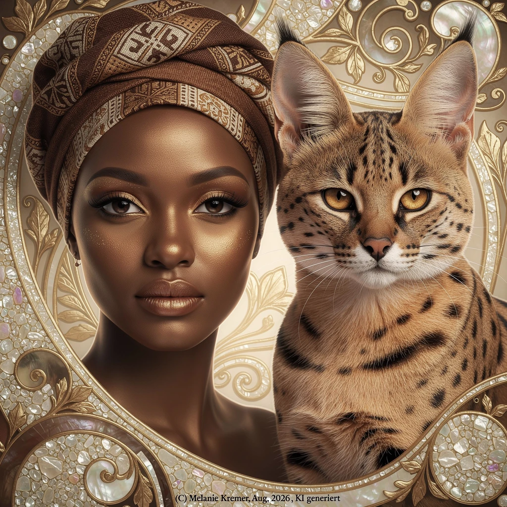 Retrato de mulher africana com gato serval e art nouveau perolado