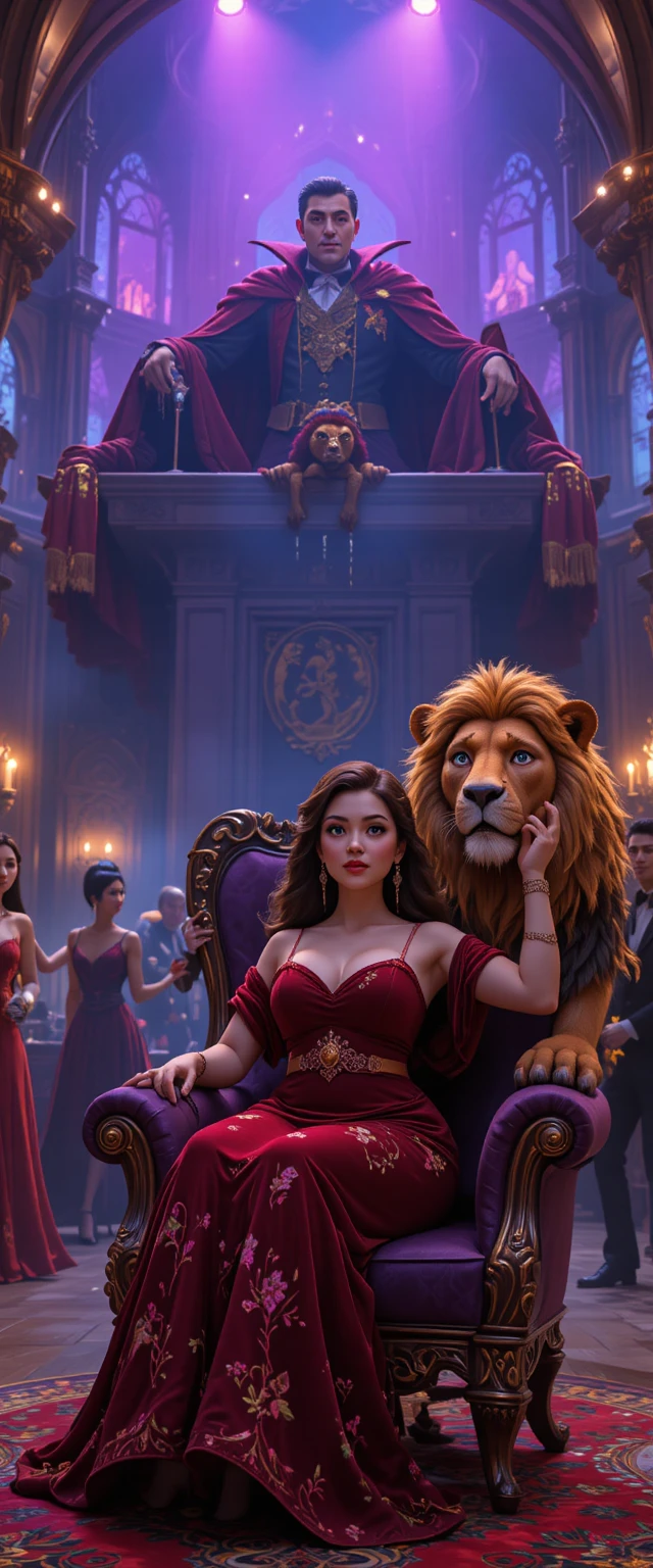 Roi royal au style Pixar dans une salle du trône féerique et fantastique